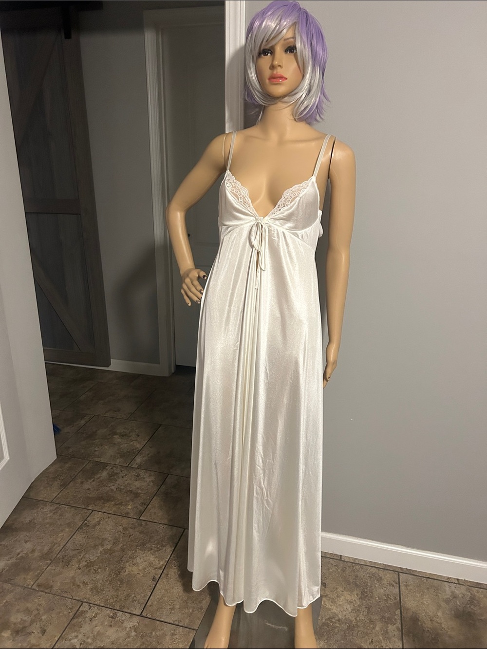 Frederick's of Hollywood 70’s Vintage White Satin Lace-Trim Nightgown